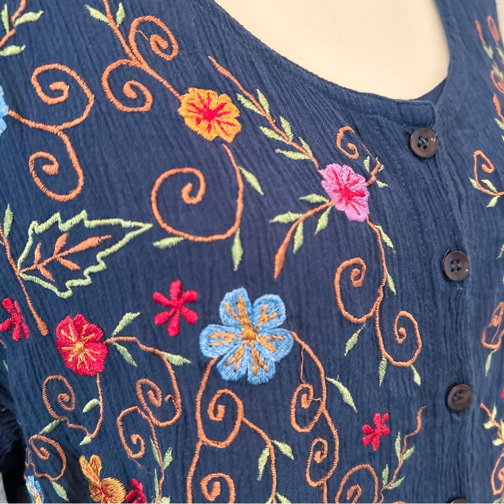 Navy Blue Embroidered Floral Dress Two Piece Long Sleeve M Cottage Boho Navy - Picture 7 of 16